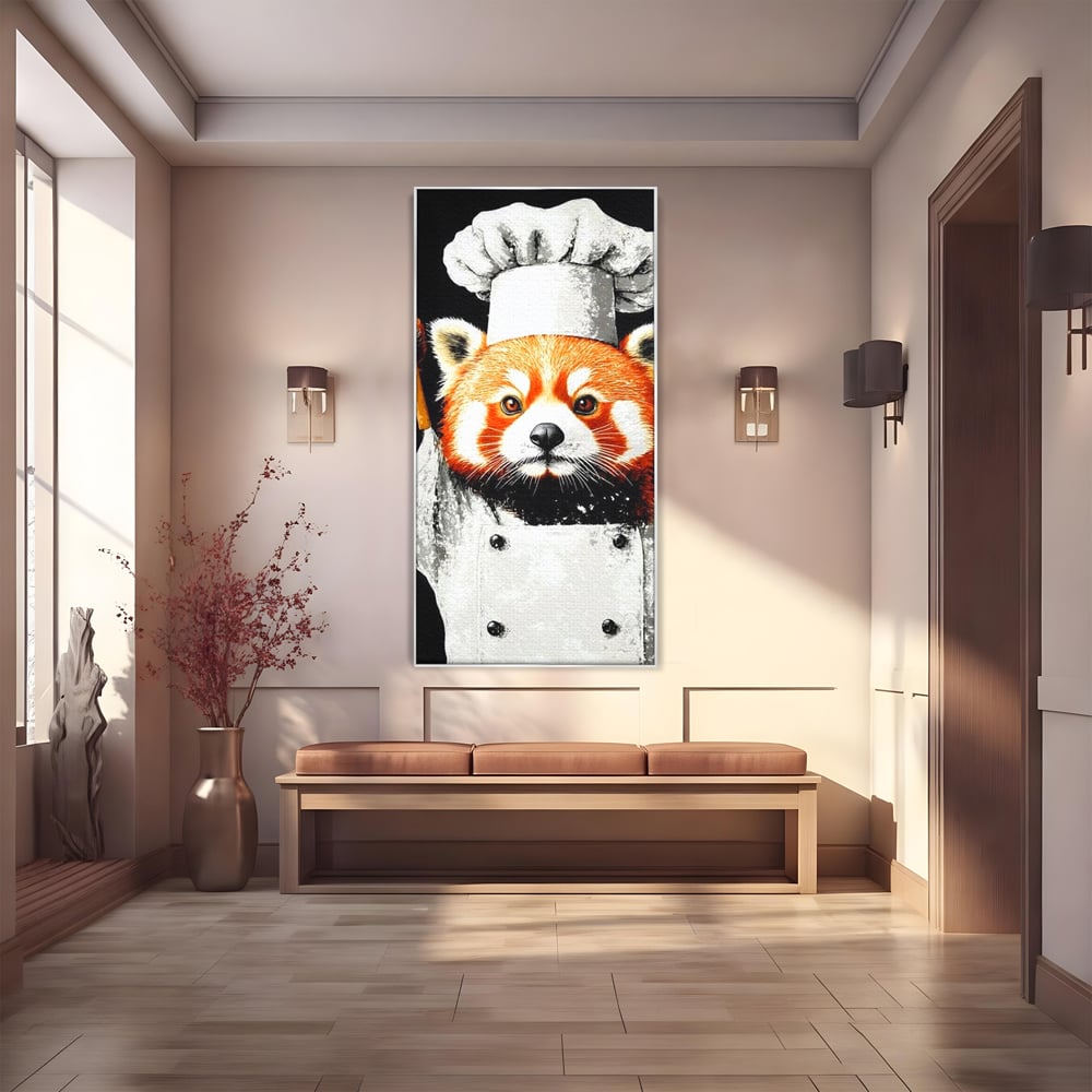 Tablou canvas cu tablou canvas cu panda rosu bucatar, in rama de aluminiu argintiu